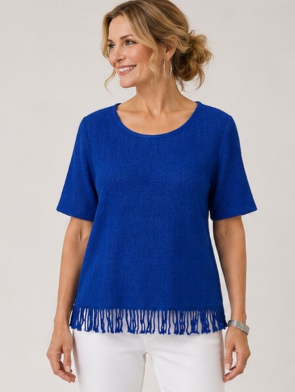 Chico's BlueTextured Knit Fringe Hem Top Med/8 (Chico's 1) NWT